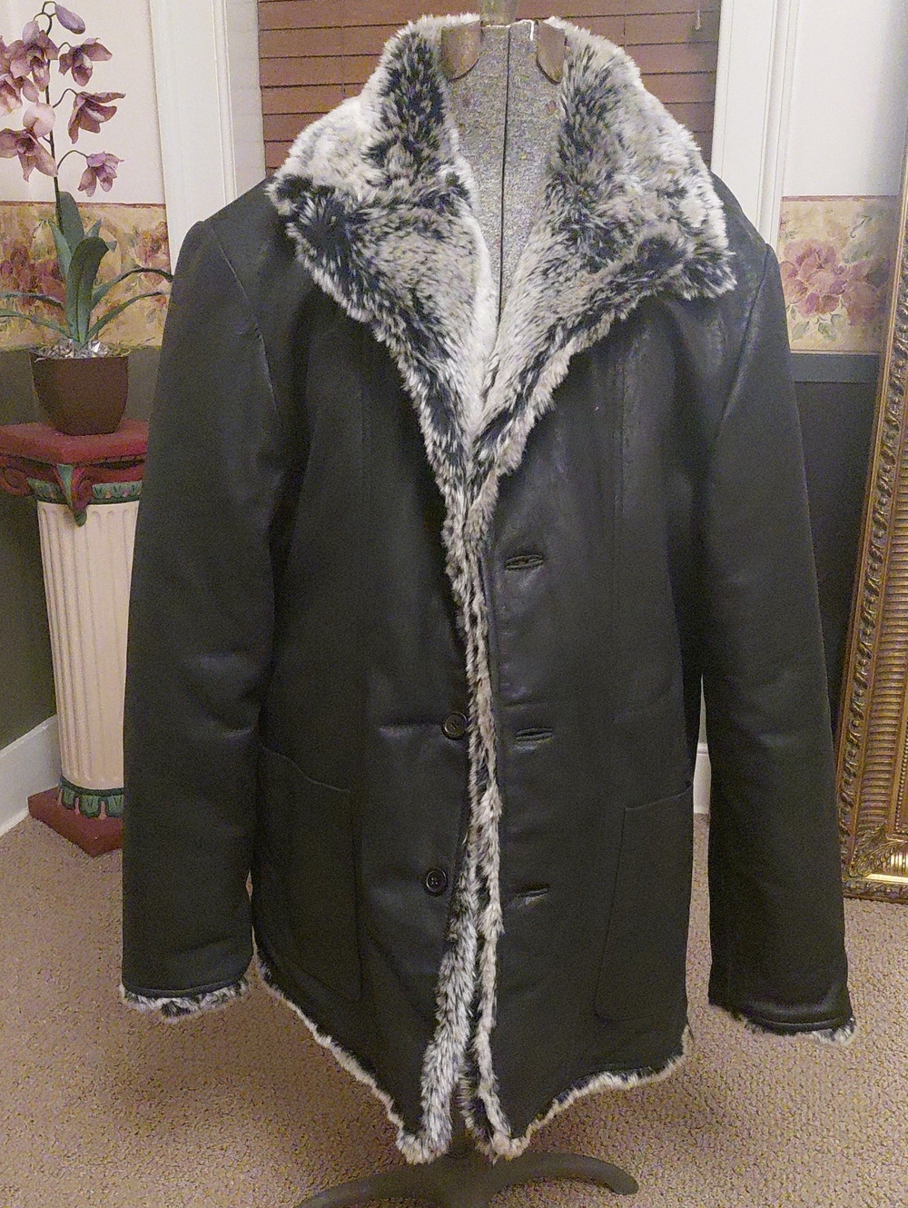 The Jacket Maker Black Genuine Leather Faux Fur Lined Botton Up Jacket